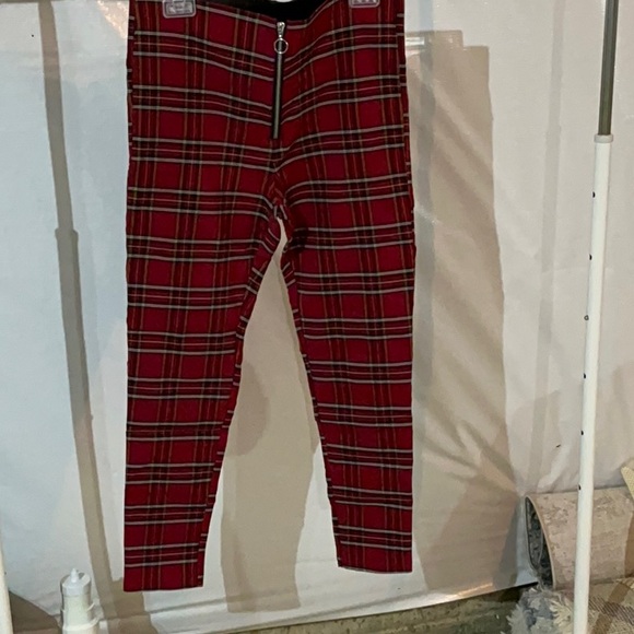 Zara High Waist Red Plaid Zipper Front Stretchy Slim Leg Pant - Picture 5 of 6